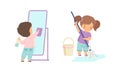 Cute Boy and Girl Doing Housework and Housekeeping Wiping the Mirror and Mopping the Floor Vector Set
