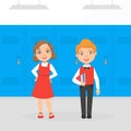 Cute Boy and Girl Elementary School Students Standing in front of Lockers at School Corridor Cartoon Vector Illustration Royalty Free Stock Photo