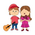 Cute boy and girl with guitar and flowers