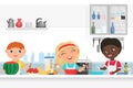 Cute Boy and Girl kids chef cooking in the kitchen vector illustration Royalty Free Stock Photo