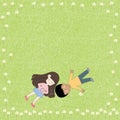 Cute boy and girl lying down on grass fields, Cartoon mixed race kids listening music on phone in the park, Happy children Royalty Free Stock Photo