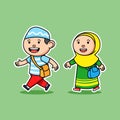 Comical Boy And Girl Moslem Student Walking Goes To School