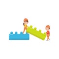 Cute boy and girl playing with buiding toy blocks, preschool activities and early childhood education cartoon vector Royalty Free Stock Photo