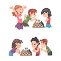 Cute boy and girl playing chess together set. Kids playing board game, competing in tournament cartoon vector Royalty Free Stock Photo