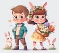 Cute boy and girl with rabbits and spring flowers. Digital cartoon illustration