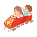 Cute Boy and Girl Riding on Roller Coaster Car, Happy Kid Having Fun in Amusement Park Vector Illustration Royalty Free Stock Photo