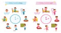 A cute boy and girl daily routine. Children in different situations vector illustration. Isolated on white background Royalty Free Stock Photo