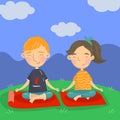 Cute boy and girl sitting on the floor in a lotus position and meditating, kids yoga vector illustration, cartoon style Royalty Free Stock Photo