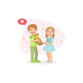 Cute Boy and Girl, Smiling Boy Holding Teddy Bear, Friendship and Love Between Kids, Happy Valentine Day Vector Royalty Free Stock Photo