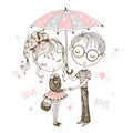 Cute boy and girl under umbrella. Rendezvous.Valentine. Vector Royalty Free Stock Photo