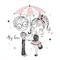 Cute boy and girl under umbrella. Rendezvous. Vector