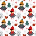 Cute boy and girl walking in winter forest seamless pattern.