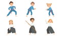 Cute Boy and Girls Doing Aikido and Judo in Uniform, Children Practicing Martial Arts Vector Illustration