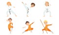 Cute Boy and Girls Doing Karate and Jiu Jitsu in White and Orange Kimono, Children Practicing Martial Arts Vector