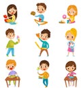 Cute boy and girls having brekfast or lunch set, kids enjoying their meal vector Illustrations on a white background Royalty Free Stock Photo