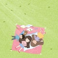 Cute boy and girl lying down on grass fields, Cartoon mixed race kids listening music on phone in the park, Happy children Royalty Free Stock Photo