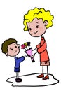 Cute boy giving flowers to his mother, teacher,coloring