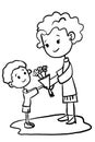 cute boy giving flowers to his mother, teacher,coloring