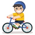 A Cute Boy with glasses. He riding a bicycle.