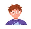 Cute boy in glasses smiling. Adorable happy child character in eyeglasses, eyewear, cheerful face expression. Smart