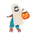 Cute Boy in Halloween Costume, Little Child Dressed as Ghost, Happy Halloween Party Festival with Kid Trick or Treating Royalty Free Stock Photo