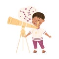 Cute Boy Having Astronomy Lesson, Elementary School Student Looking through Telescope, Kids Education Concept Cartoon