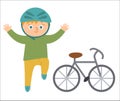 Cute boy in helmet jumping with joy with hands up. Happy kid with bicycle. Vector summer camp illustration. Camping character with Royalty Free Stock Photo