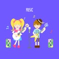 Cute boy holding bass and girl with guitar,microphone,speaker and music note concert music festival in blue background
