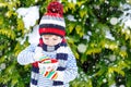 Cute boy holding big cup and hot chocolate drink and marshmallo Royalty Free Stock Photo