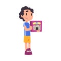 Cute Boy Holding Box of Blocks Constructor, Adorable Kid Playing with Favorite Toy Cartoon Vector Illustration on White