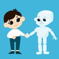 A cute boy is holding a charming robot by the hand. Illustration in cartoon style.