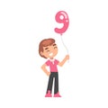 Cute Boy Holding Pink Balloon Shaped as 9 Number Cartoon Style Vector Illustration Royalty Free Stock Photo