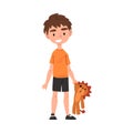 Cute Boy Holding Plush Lion, Adorable Kid Playing with Favorite Toy Cartoon Vector Illustration on White Background