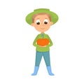 Cute Boy Holding Ripe Pumpkin, Little Kid Farmer Character in Green Hat Working in Garden Cartoon Style Vector Royalty Free Stock Photo