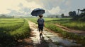 Cute boy holding umbrella walking on rural road on rainy day. Generative Ai Royalty Free Stock Photo