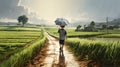 Cute boy holding umbrella walking on rural road on rainy day. Generative AI Royalty Free Stock Photo