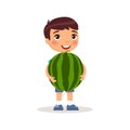 Cute boy holding watermelon flat illustration.