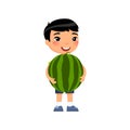 Cute boy holding watermelon flat vector illustration. Little asian child and big water melon.