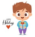 Cute boy iwith gift and inscription Happy Holidays. Vector illustration guy in cartoon style for card design, decor