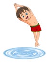 The cute boy is jumping to the swimming pool with the good movement