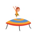 Cute Boy Jumping on Trampoline, Happy Little Kid Bouncing and Having Fun on Trampoline Cartoon Vector Illustration Royalty Free Stock Photo