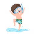 Cute Boy Jumping in Water in Diving Mask, Kids Summer Activities, Adorable Child Having Fun on Beach on Holidays Cartoon