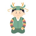 Cute boy in Korean clothes hanbok in dragon hat character illustration.