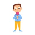 Cute Boy Licking Candy on Stick, Kid Enjoying of Eating Lollipop Dessert Cartoon Style Vector Illustration Royalty Free Stock Photo