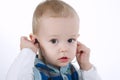 Cute boy listens music with headphones Royalty Free Stock Photo