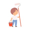 Cute Boy with Mop and Bucket of Water Helping to Clean, Nature and Ecology Protection Concept Cartoon Style Vector Royalty Free Stock Photo