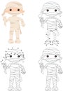 Cute boy in a mummy costume. Halloween coloring book and dot to dot game for kids