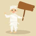 Cute Mummy Holding a Wooden Sign, Halloween Cartoon Vector Royalty Free Stock Photo