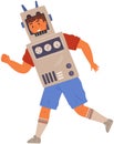 Cute boy pin cardboard battle bot suit at costume party. Guy in self made outfit playing space robot