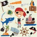 Cute boy in a pirate costume and various objects. Royalty Free Stock Photo